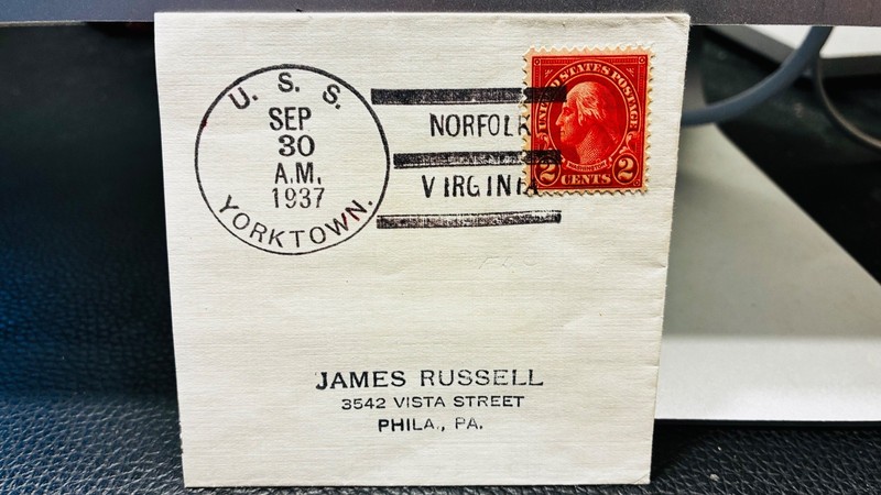 1937 cut-out of ship cancel of USS Yorktown, posted Norfolk, Virginia