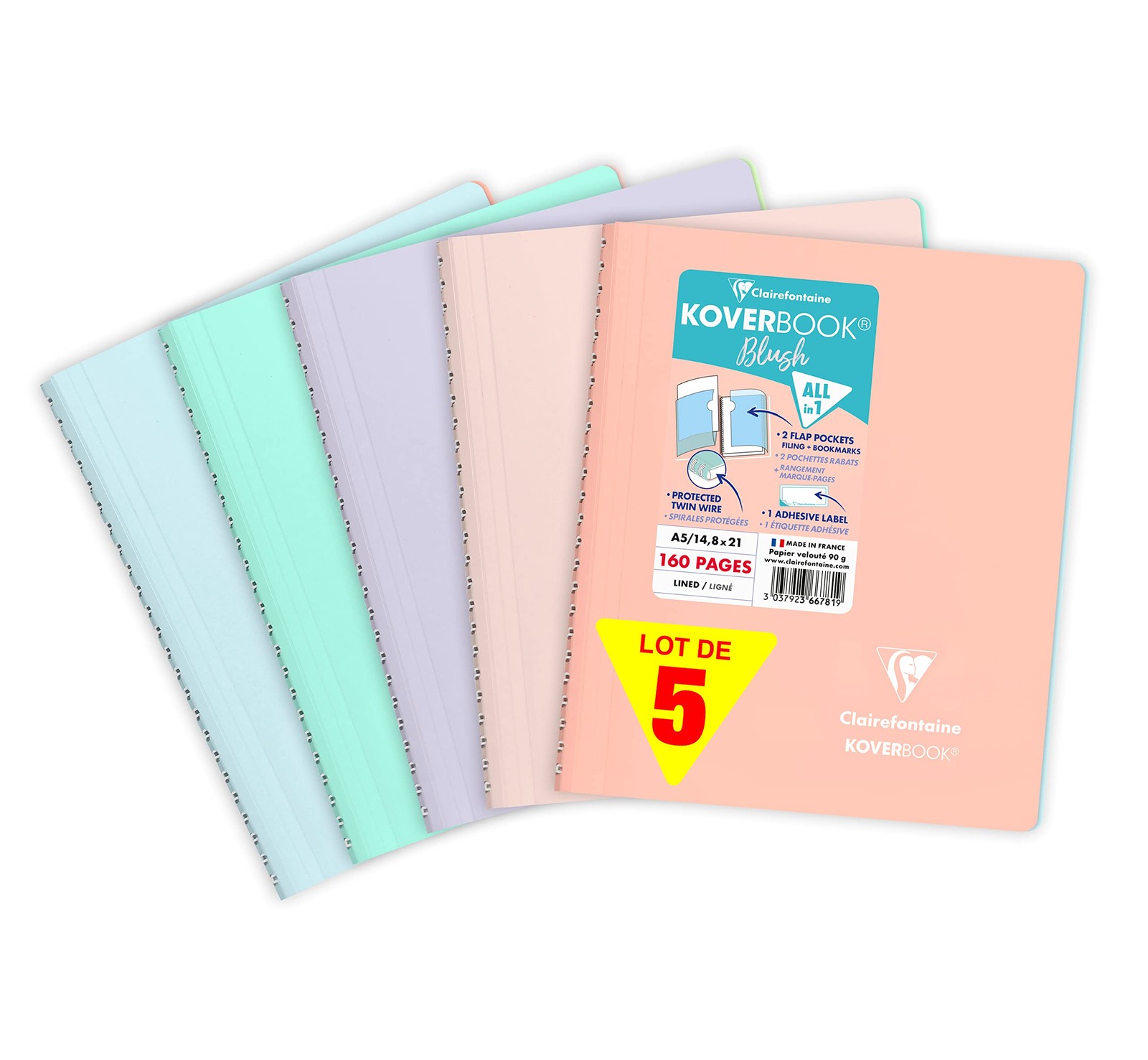 Cahier A5 à spirale Koverbook Blush lot de 5 pour éviter les pages cornées