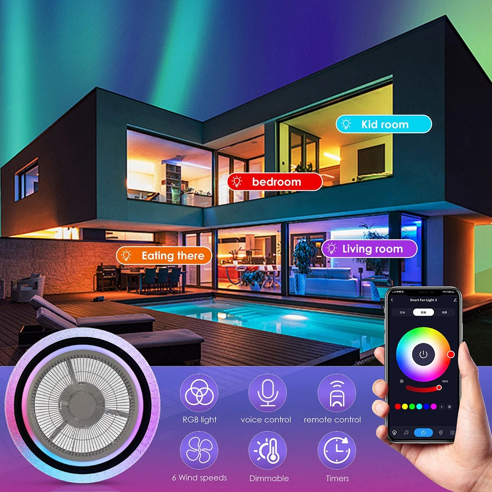 RGBCW Ceiling Fan with Lighting LED Modern Light Adjustable Wind + Remote 6Speed - Image 4 of 4