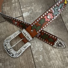 3-D Rhinestone Fancy Hand Tooled Painted Floral Leather Belt Bling Buckle Sz 34