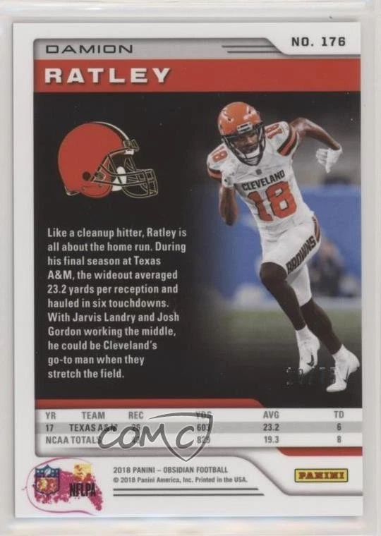 2018 Panini Obsidian Electric Etch Purple /75 Damion Ratley #176 Rookie RC - Image 2 of 2