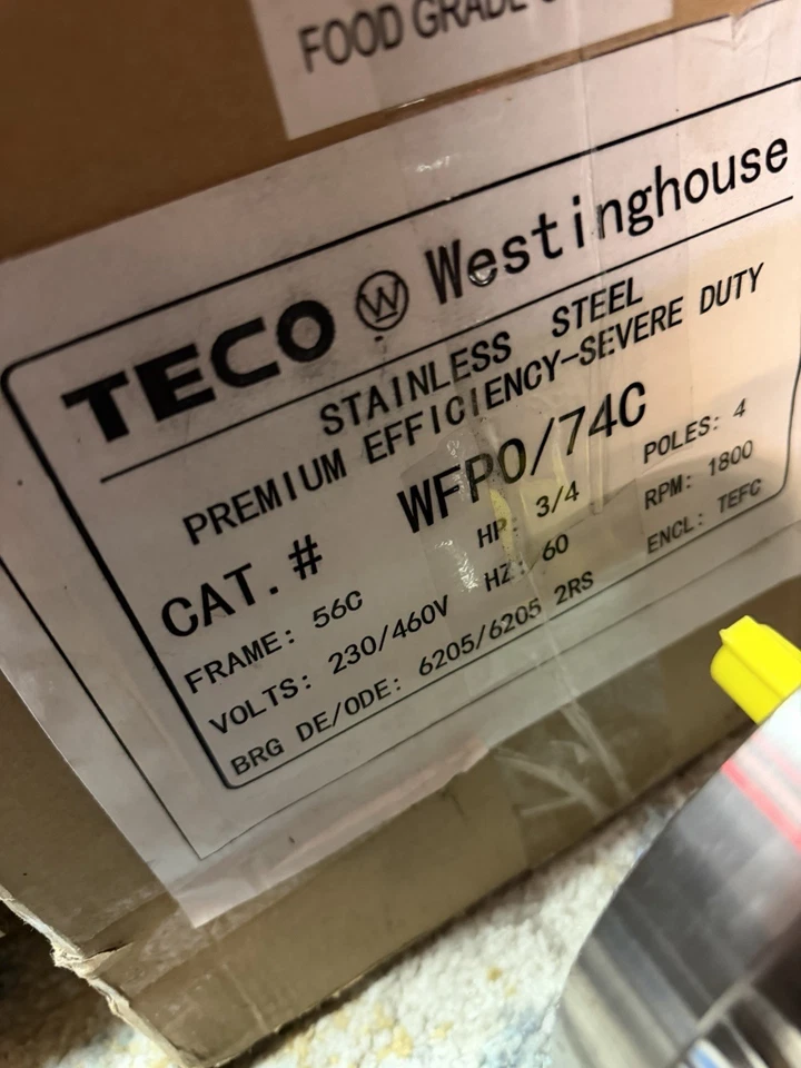 Westington AC Motor 3/4hp 1800 RPM 3 Phase 56c Stainless Steel - Image 2 of 3