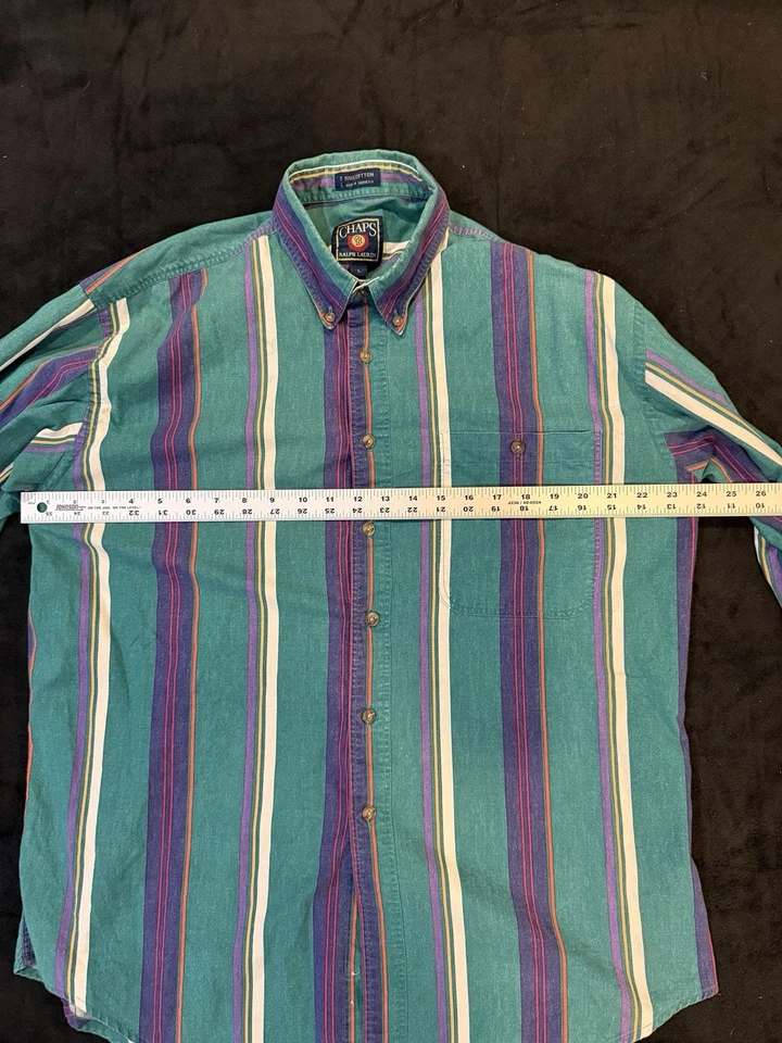Ralph Lauren Chaps 90s Vintage Shirt Mens Size Large Teal Purple Vertical Stripe - Image 2 of 4