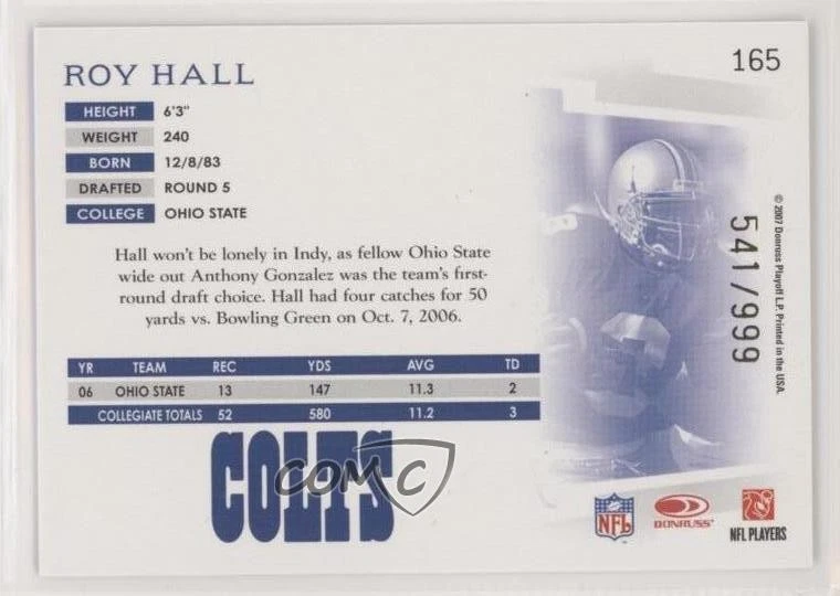 2007 Donruss Threads Rookie /999 Roy Hall #165 Rookie RC - Image 2 of 2