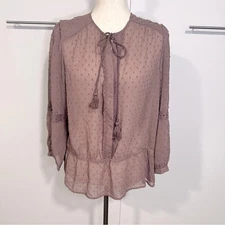 DR2 by Daniel Rainn Size L Brown Tassel Blouse Peasant Top Boho Neutral Scandi