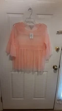 Belle & Sky Top Women's Large  Sheer Mesh  Flare Sleeve Pullover  Peach NEW 