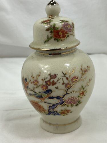 Sanford Porcelain Ginger Jar Vase Art Crackle Flowers and Birds Gold Accents - Picture 1 of 11