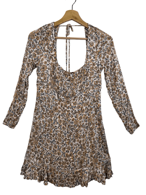 Free People Boheme Long Sleeve Mini Dress Size 10 Beige Floral Square Neck  Boho | eBay
