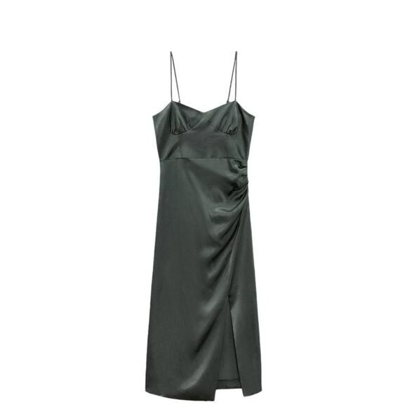 ZARA SATIN DRESS WITH A SLIT DARK GREEN SIZE S | 4437/076 | eBay