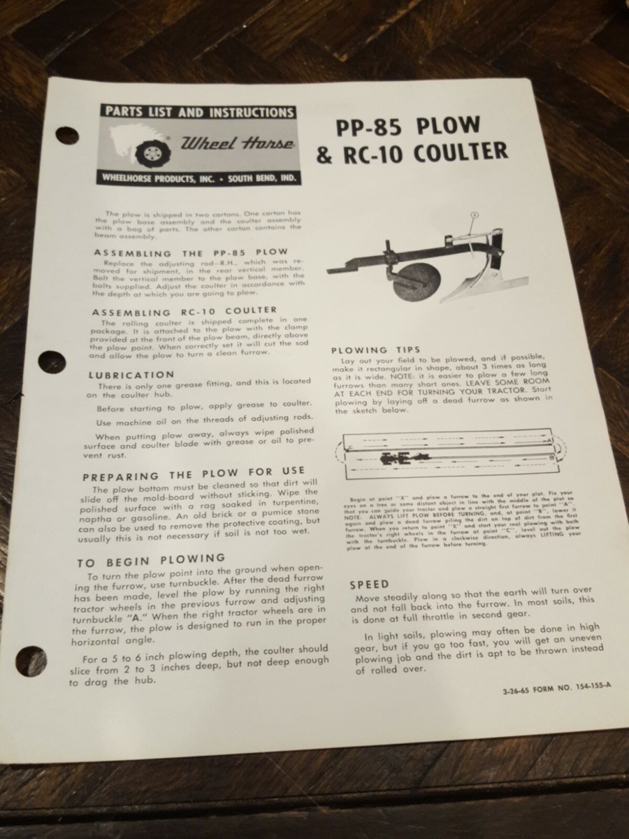 WHEEL HORSE ORIGINAL PARTS MANUAL PP-85 RC-10 Plow Coulter 1965