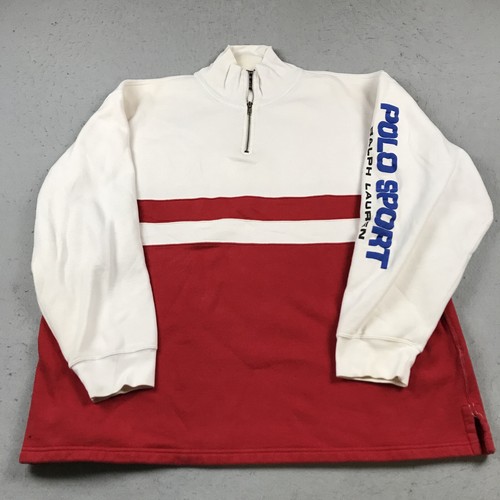 VINTAGE Polo Sport Ralph Lauren Sweatshirt Mens Large White Red 1/4 Zip Flag 90s