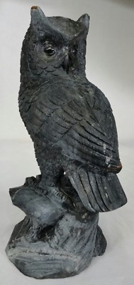 Rare Detailed Natural Black Stone Rock Carved Owl Statue Figure Figurine 7''