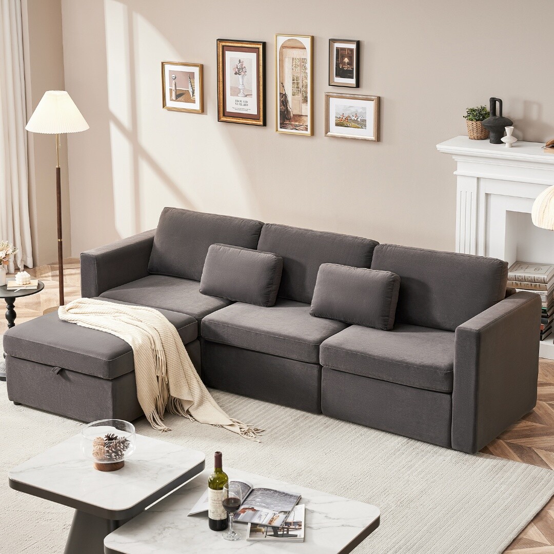 Modern Velvet L-Shaped Modular Sectional Sofa with Pillows Convertible Design