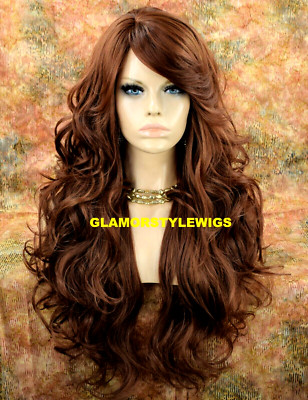 FULL WIG LONG WAVY LAYERED WITH SIDE BANGS AUBURN BROWN MIX HEAT OK NWT