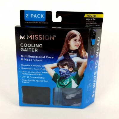 Mission Cooling Gaiter Face Neck Cover Youth 2 Pack - Black & Matrix Camo Blue