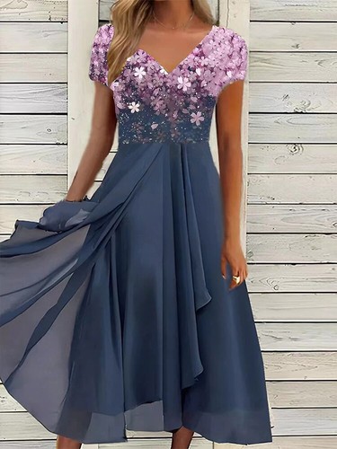 Übergröße Damen Print Kurzarm Swing Kleid Abend Cocktail Party Midikleid - Bild 5 von 11