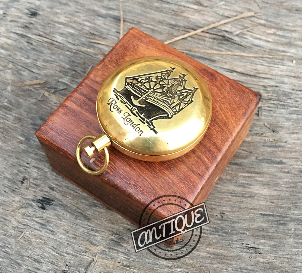 Vintage Old Ross London Compass - Golden Shine - Wooden Box Case