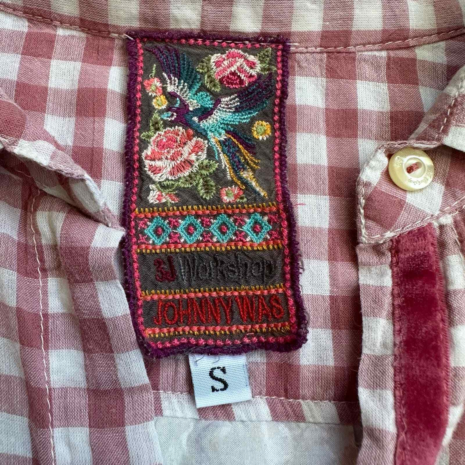 Johnny Was Workshop button up gingham floral silk… - image 3