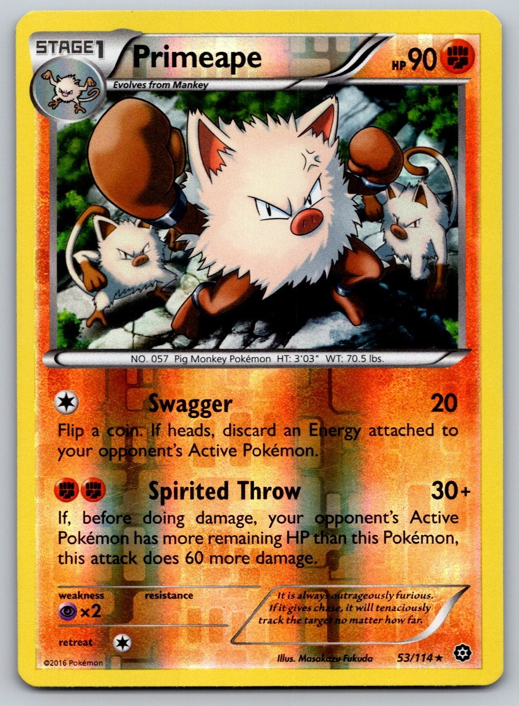 Primeape Steam Siege Pokémon Card 2016 Reverse Holo Rare 53/114