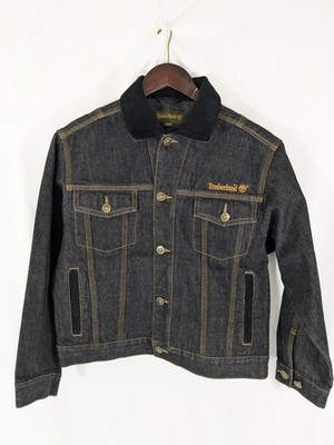 Vintage Timberland Men's Medium Black Jean Jacket Denim Rider Black Suede Collar