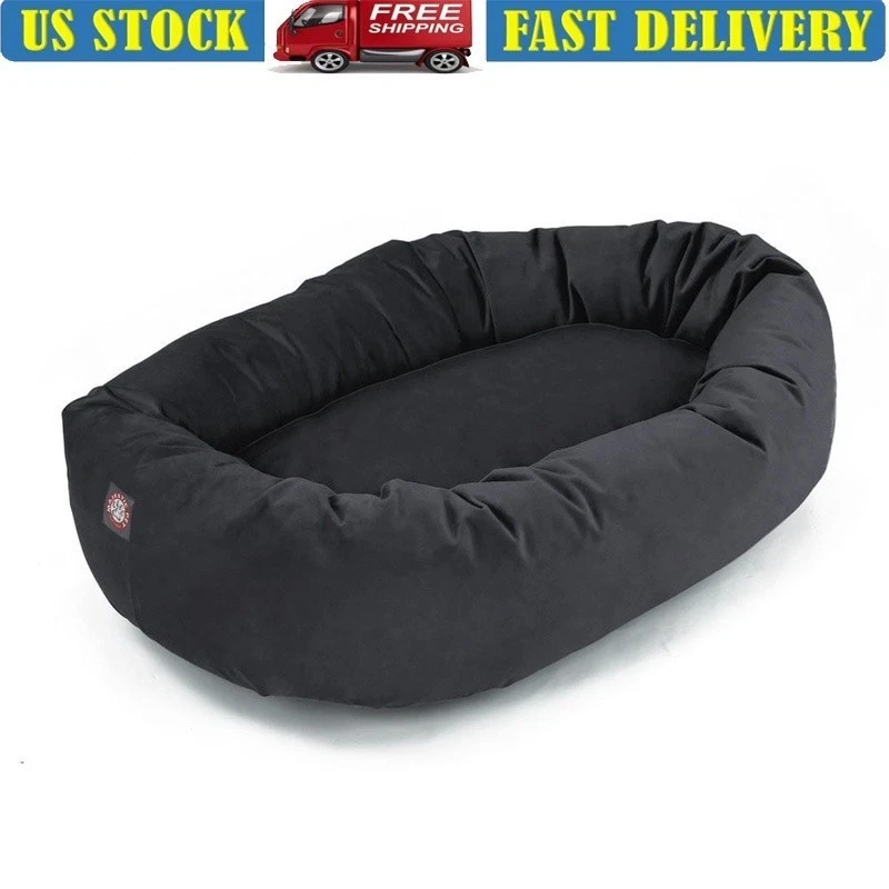 Micro Suede Bagel Dog Bed Plush Bolster Support Washable Pet Bed Cozy Retreat US