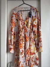 GUESS Hafa Orange Floral Linen Blend Wrap MiniDress