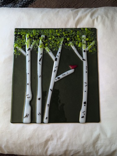 Fused Glass Wall Art - Birch Trees With Red Bird 9inW x 10inH - Maine Made EUC