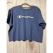 Champion Womens Heritage Cropped T-Shirt Blue Script Logo XL NEW