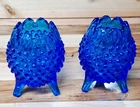 Vintage Pair Of  Fenton Blue Hobnail Footed Egg Shaped Vases