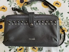 THE SAK IRIS Large Smartphone Crossbody Wallet Leather Gray Studded