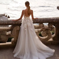 Boho Backless Spaghetti Straps Wedding Dress A Line Lace Appliques Court Train
