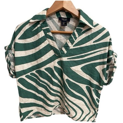 Rachel Rachel Roy Animal Print Blouse Green White Linen Rayon V-Neck Pullover XS