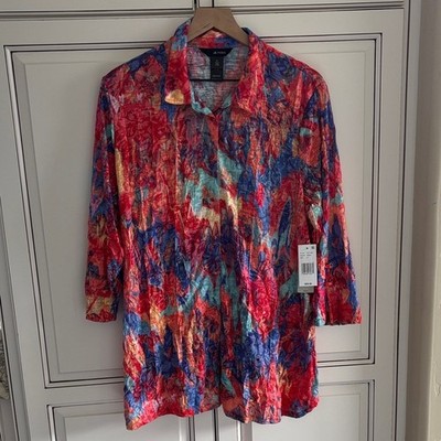 Ali Miles Pink Floral Colorful Snap Button Up 3/4 Sleeve Blouse Women's Size XL