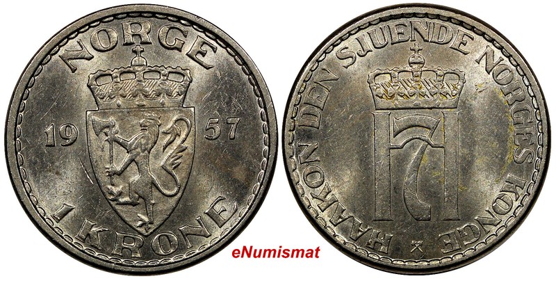 Norway Haakon VII 1957 1 Krone aUNC Condition Last Date Type Toning KM# 397.2(8)