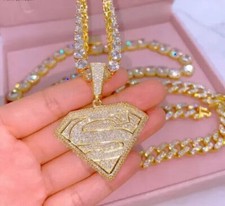 4CT Round Simulated Diamond Custom Charm Superman Pendant 14K Yellow Gold Plated