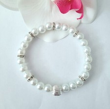 Sylvie's Mallorca Perlen Armband 20 cm weiß silber Strass dehnbar Neu/202B