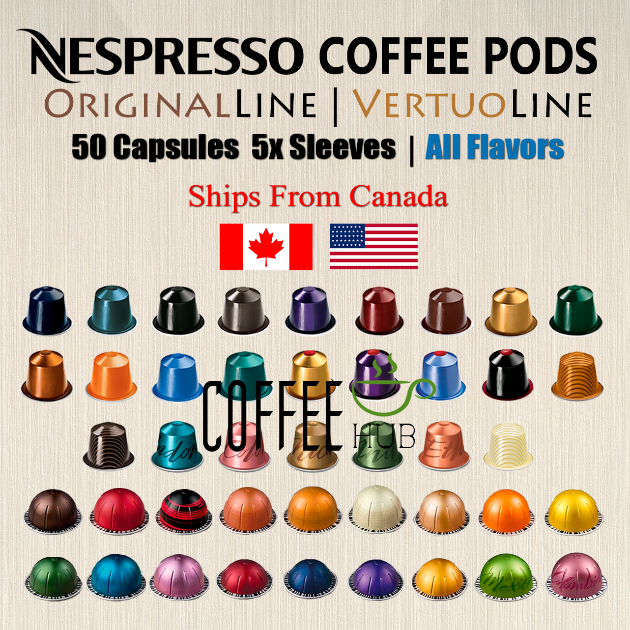 Coffee Nespresso Vertuo Line 50 Pods (5 Sleeves) Espresso ALL FLAVORS -  FRESH