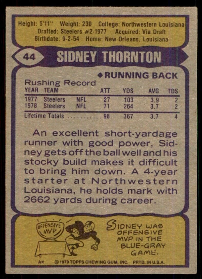 1979 Topps Sidney Thornton Football Card #44 - Image 2 of 2