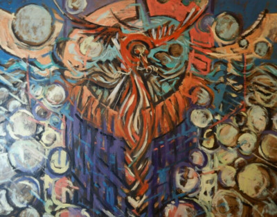 AUSTRALIAN MODERNIST ABSTRACT OIL PAINTING BY TOYER 1980s DOUBLE SIDED   P172