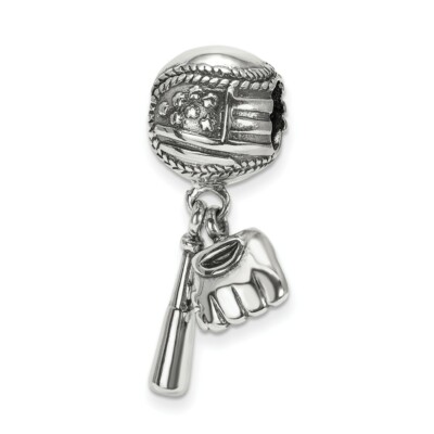Baseball, Bat & Glove Dangle Bead .925 Sterling Silver Antique Reflection Beads