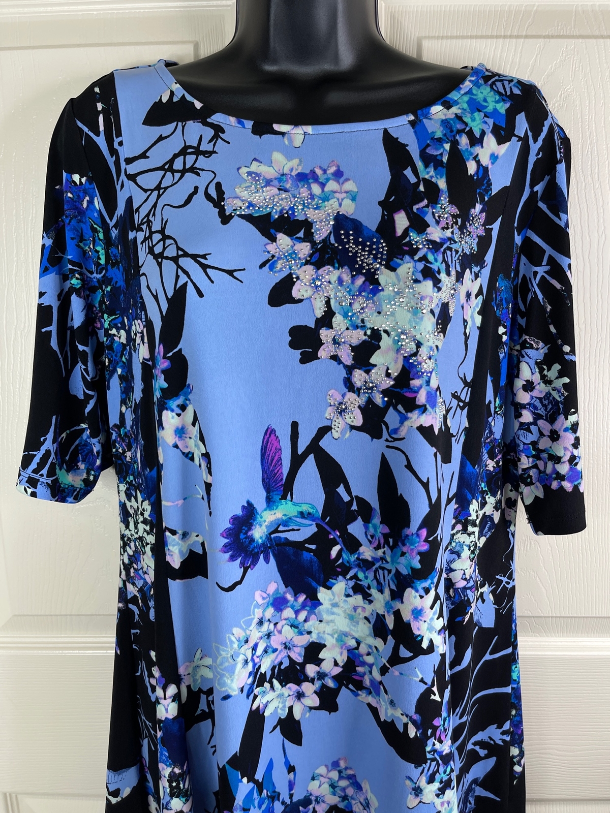 Style Co Top Women Size L Short Elbow Sleeves Blue Black Floral
