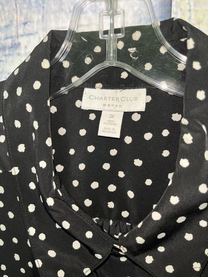 Charter Club Button Up Top Womens Plus Size 3X Black Polka Dot Roll Tab Sleeve - Image 3 of 4