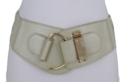 Chic Women Wide Light Champagne Pearl Beige Color Sexy Belt Gold Hook Buckle S M - 第 2/24 張圖片