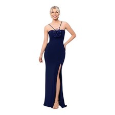 XSCAPE Navy Rosette Spaghetti Strap Long Formal Evening Gown Size 4