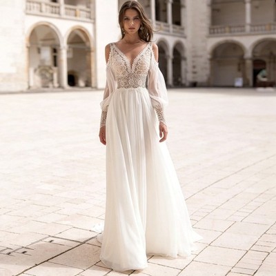 sachin and babi light blue dress Off the shoulder Chiffon Puff Sleeve White Wedding Dress Light Bridal  Dresses #SER004