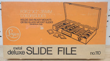 Vintage LOGAN Metal Deluxe Slide File No. 110 For 2x2 35MM Color Slides Open Box
