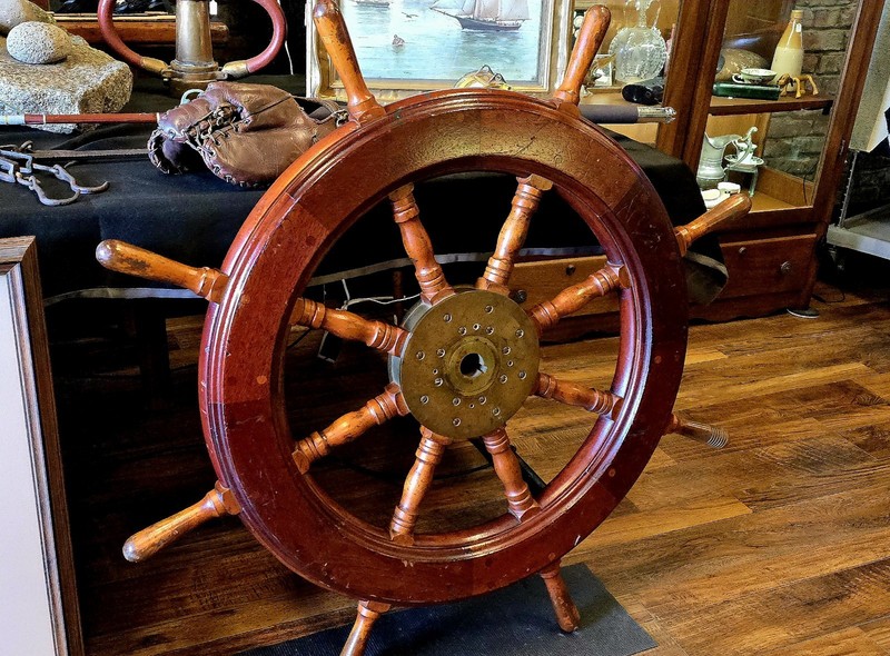 Antique Wooden Maritime Ship Wheel with Brass Hub