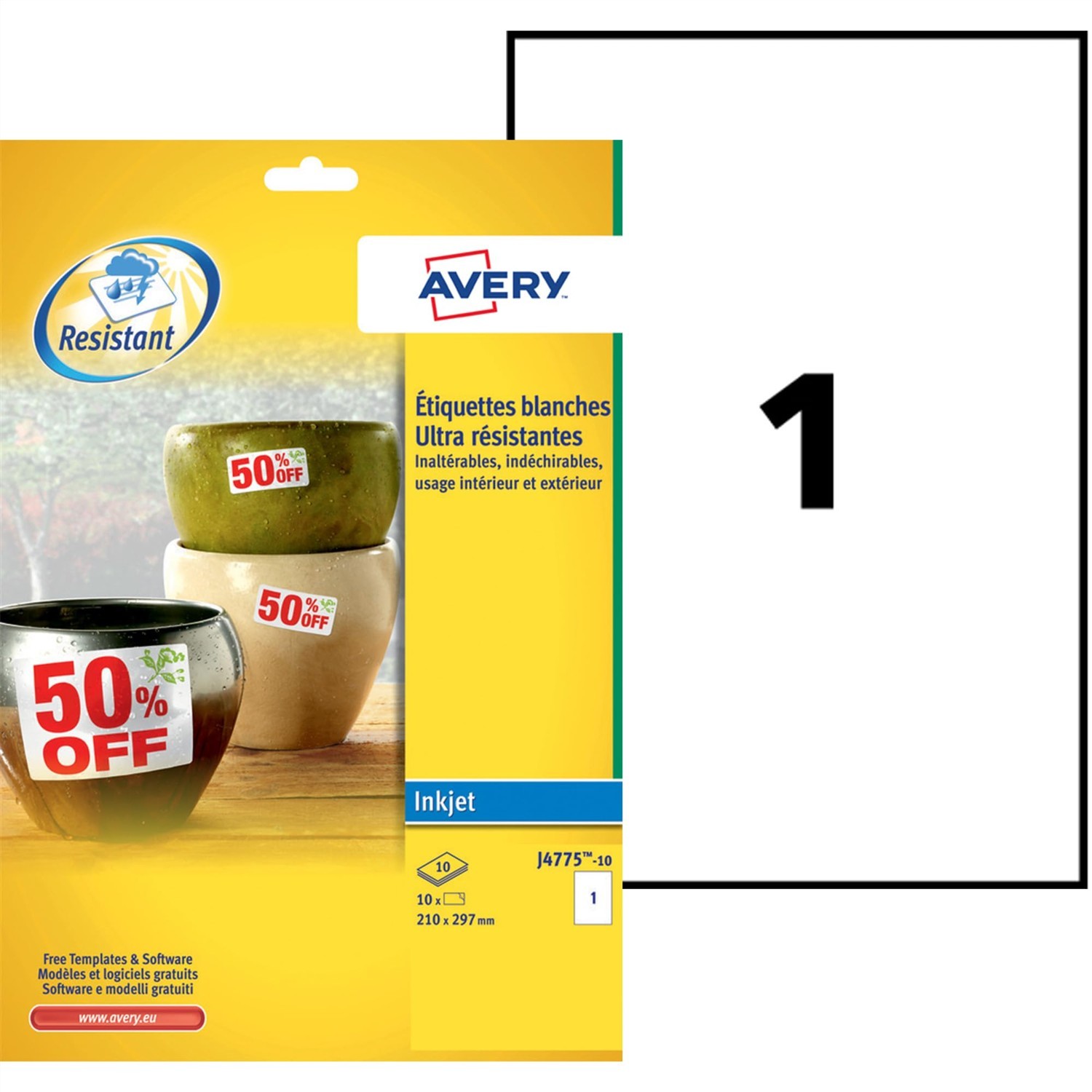 Avery Zweckform J4775-10 Etiquettes A4 Ultra résistantes - Pack de 10 feuilles blanches en polyester