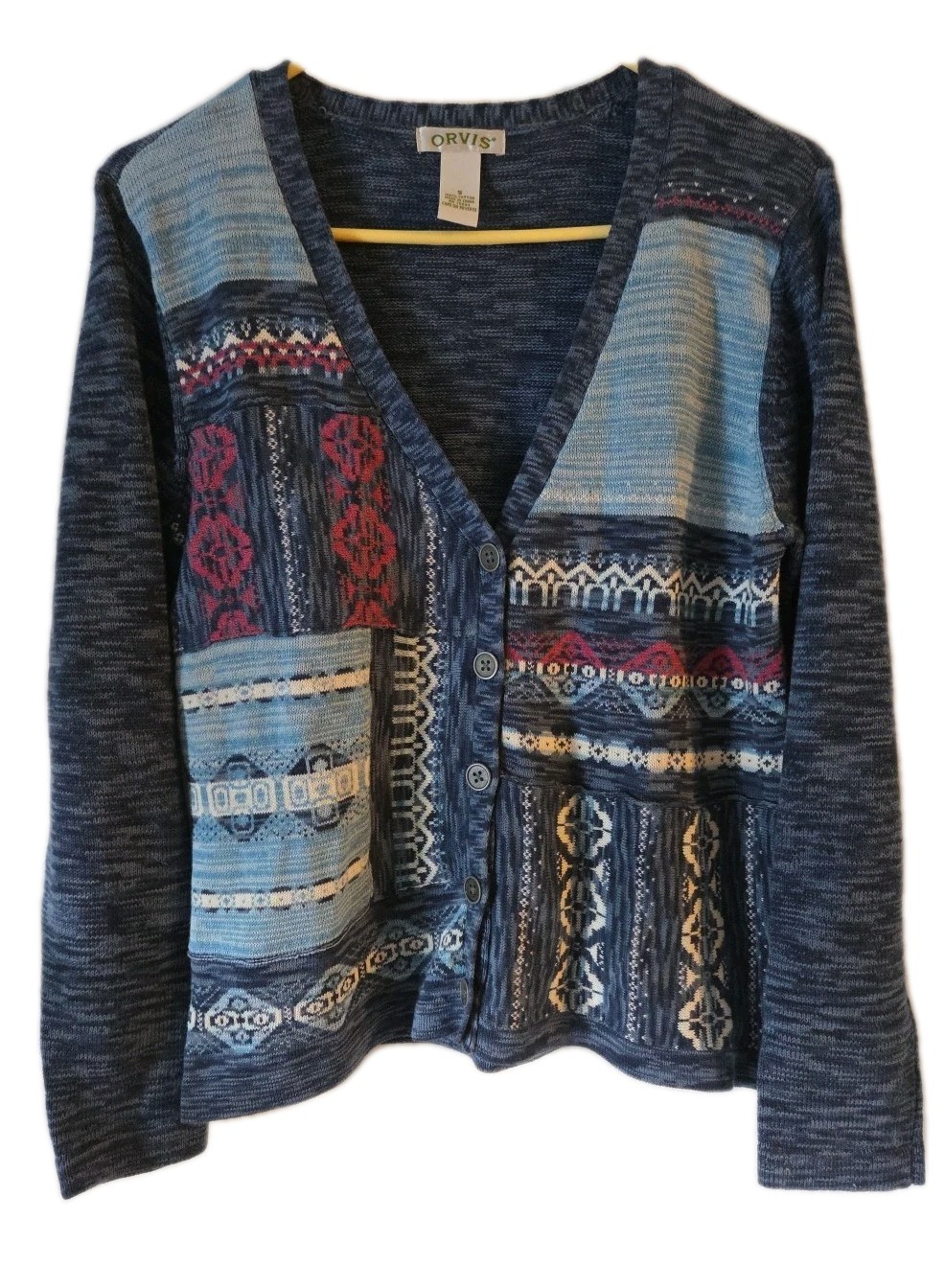 Orvis Womens Patchwork Button Up Cardigan Blue Bo… - image 1