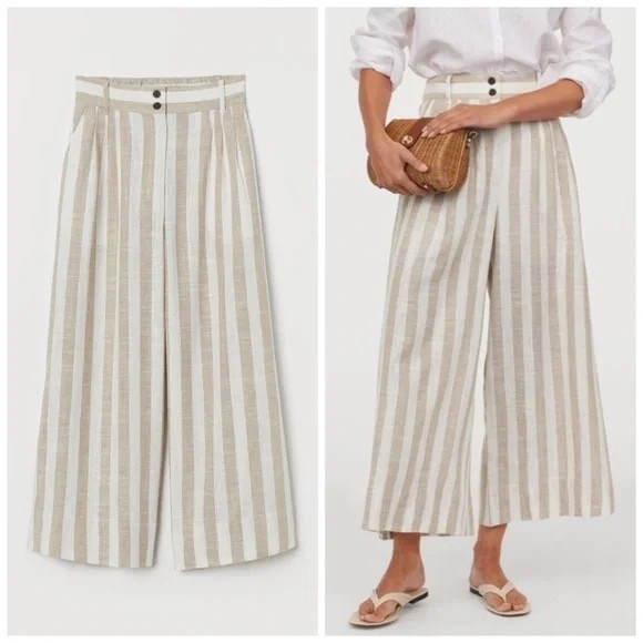 H&M White & Tan Linen Blend Stripe Cropped Wide Leg Pants 8 | eBay